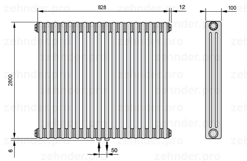 Схема (чертеж) Радиатор Zehnder Charleston 3280/18 №3470 Белый глянцевый RAL 9016